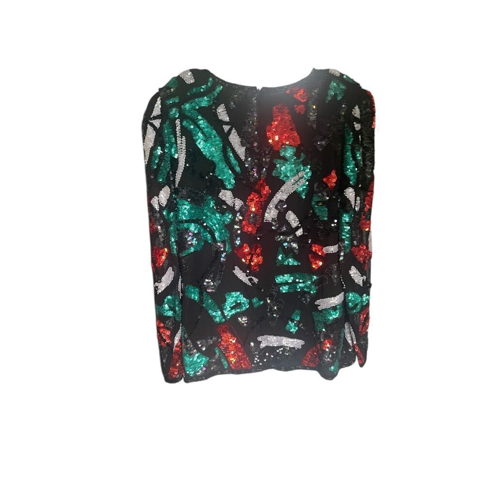 Vintage Oleg Cassini Floral Sequin Beaded 100% Silk Blouse M Party Holiday